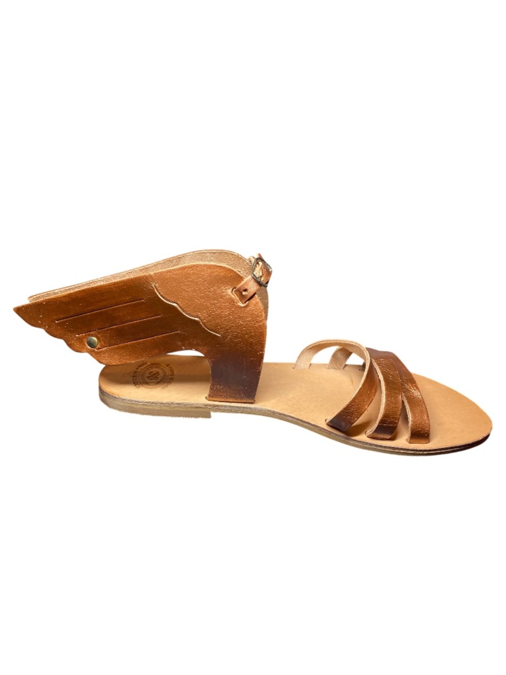 Greek Artisan Metallic Rose Gold Leather Winged Gladiator Sandals Size 38 8 NEW